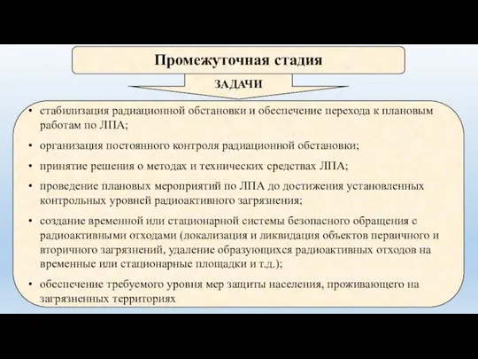 Промежуточная стадия стабилизация радиационной обстановки и обеспечение перехода к плановым работам