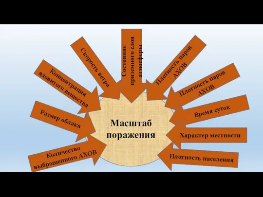 Масштаб поражения Количество выброшенного АХОВ Размер облака Концентрация ядовитого вещества Состояние
