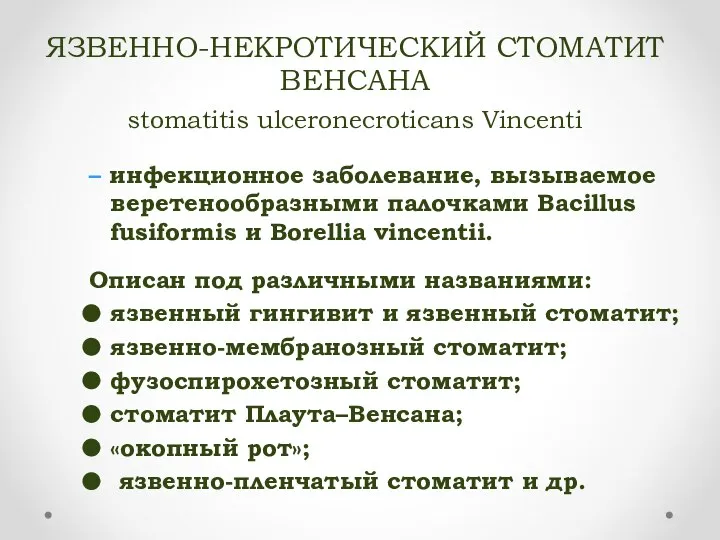 ЯЗВЕННО-НЕКРОТИЧЕСКИЙ СТОМАТИТ ВЕНСАНА stomatitis ulceronecroticans Vincenti – инфекционное заболевание, вызываемое веретенообразными