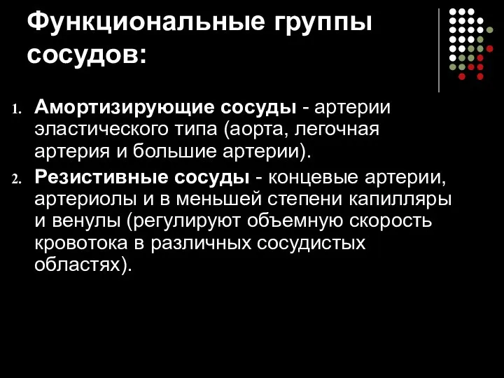 Амортизирующие сосуды - артерии эластического типа (аорта, легочная артерия и большие