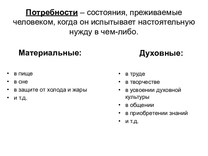 Потребности – состояния, преживаемые человеком, когда он испытывает настоятельную нужду в