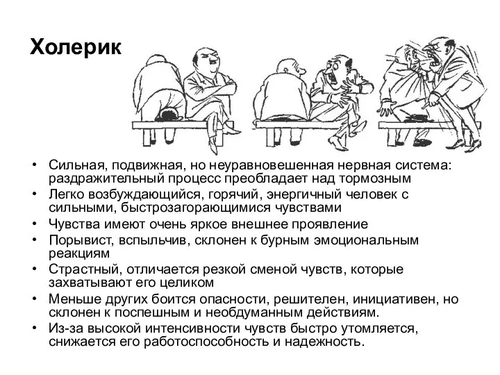 Холерик Сильная, подвижная, но неуравновешенная нервная система: раздражительный процесс преобладает над