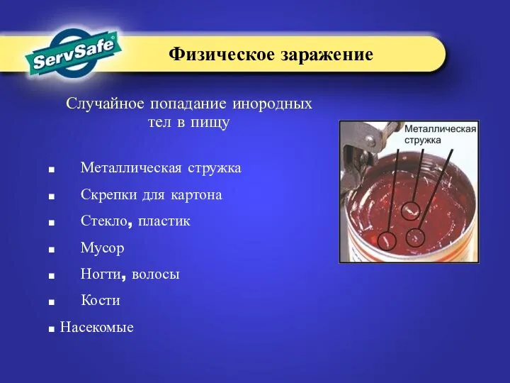 Случайное попадание инородных тел в пищу Металлическая стружка Скрепки для картона