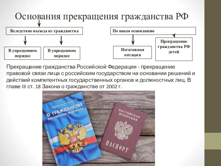 Основания прекращения гражданства РФ Вследствие выхода из гражданства В упрощенном порядке