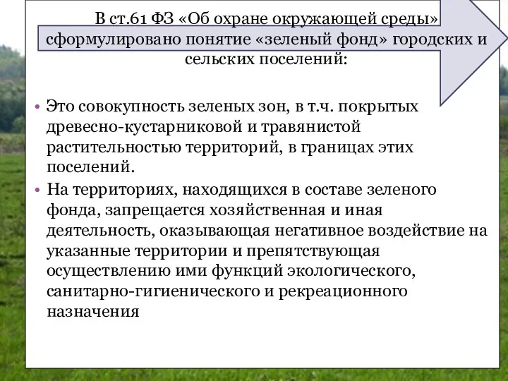 Это совокупность зеленых зон, в т.ч. покрытых древесно-кустарниковой и травянистой растительностью