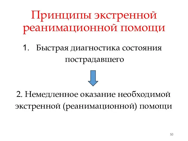 Принципы экстренной реанимационной помощи Быстрая диагностика состояния пострадавшего 2. Немедленное оказание необходимой экстренной (реанимационной) помощи