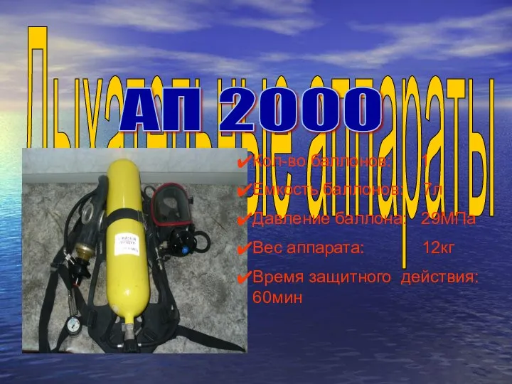 Дыхательные аппараты Кол-во баллонов: 1 Емкость баллонов: 7л Давление баллона: 29МПа