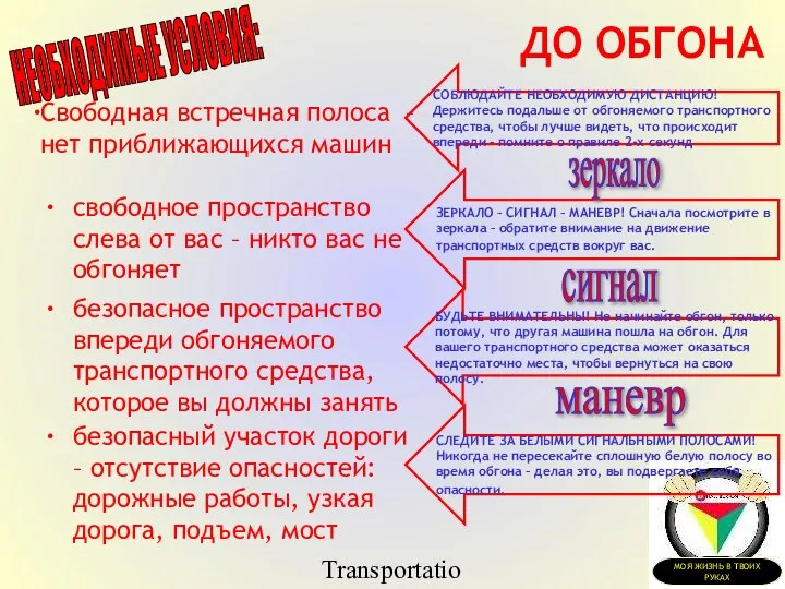 Transportation Tuesday ДО ОБГОНА Свободная встречная полоса – нет приближающихся машин