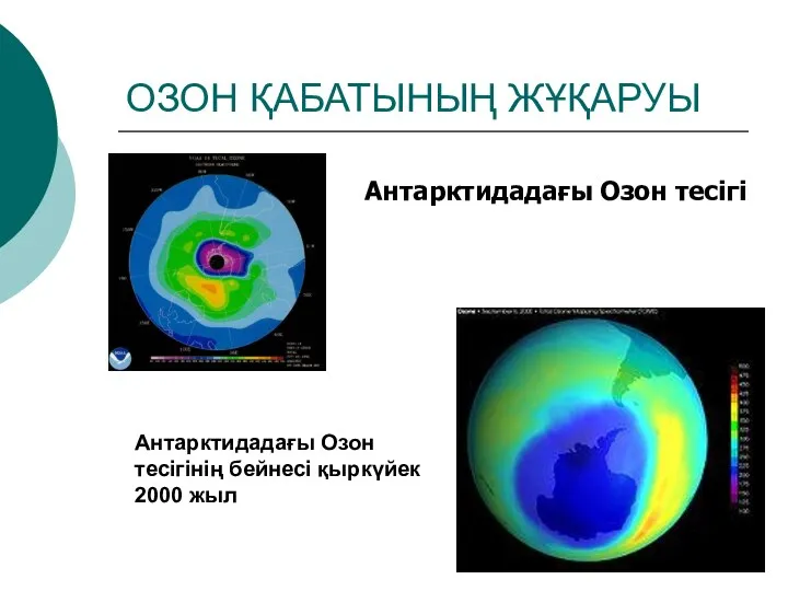 ОЗОН ҚАБАТЫНЫҢ ЖҰҚАРУЫ Антарктидадағы Озон тесігі Антарктидадағы Озон тесігінің бейнесі қыркүйек 2000 жыл