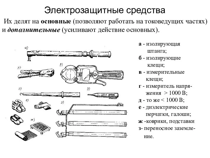 Электрозащитные средства Их делят на основные (позволяют работать на токоведущих частях)