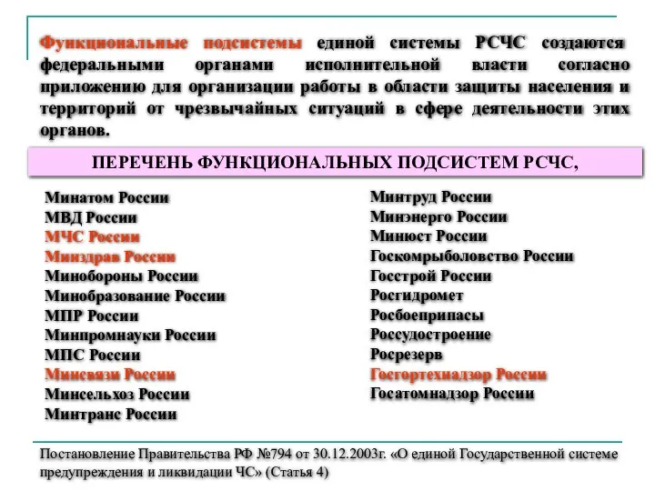 Функциональные подсистемы единой системы РСЧС создаются федеральными органами исполнительной власти согласно