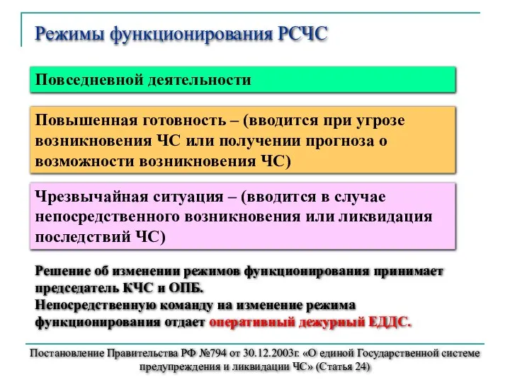 Режимы функционирования РСЧС Повседневной деятельности Повышенная готовность – (вводится при угрозе