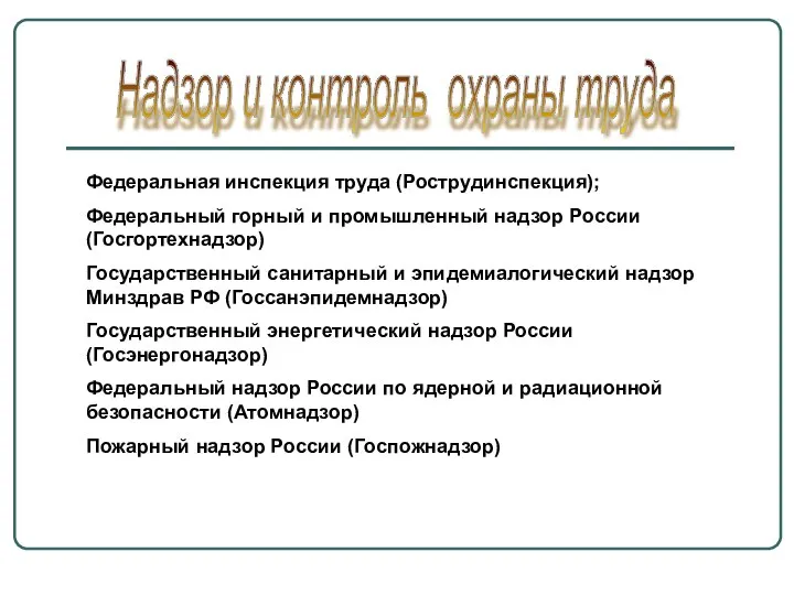 Надзор и контроль охраны труда Федеральная инспекция труда (Рострудинспекция); Федеральный горный