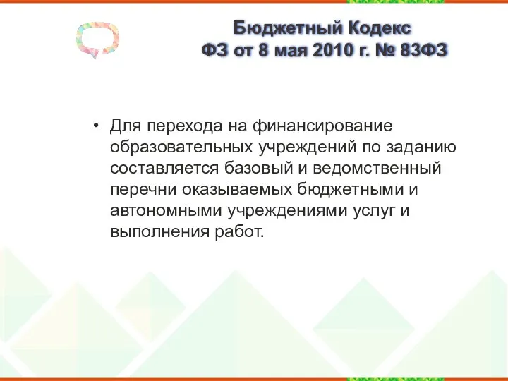 Бюджетный Кодекс ФЗ от 8 мая 2010 г. № 83­ФЗ Для