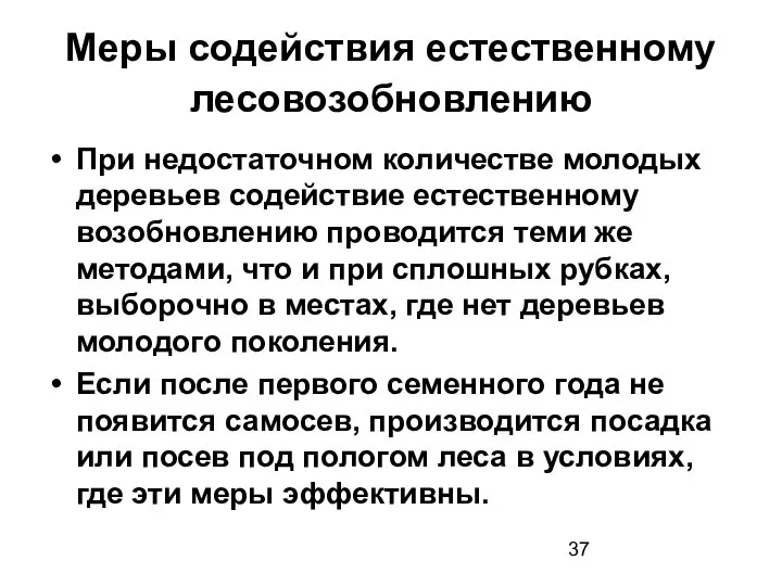 Меры содействия естественному лесовозобновлению При недостаточном количестве молодых деревьев содействие естественному