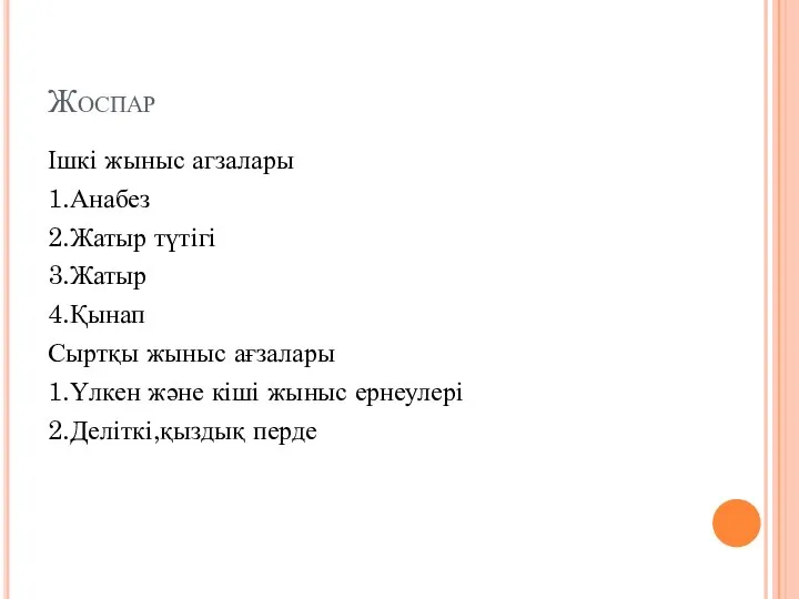 Жоспар Ішкі жыныс агзалары 1.Анабез 2.Жатыр түтігі 3.Жатыр 4.Қынап Сыртқы жыныс