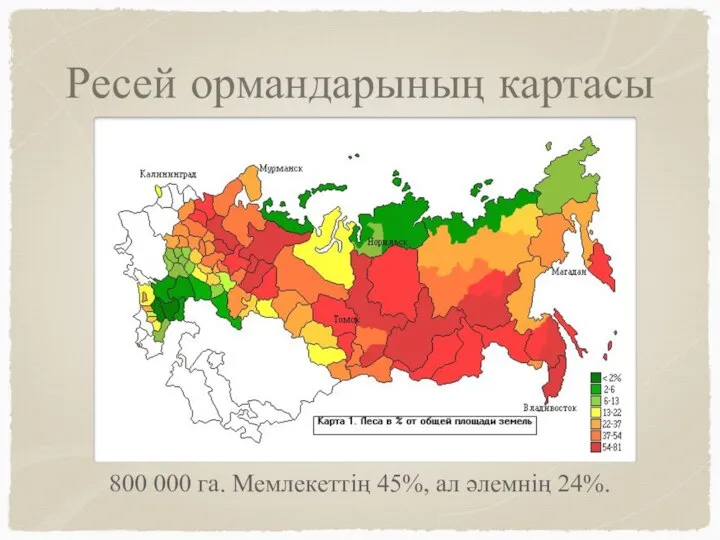 Ресей ормандарының картасы 800 000 га. Мемлекеттің 45%, ал әлемнің 24%.