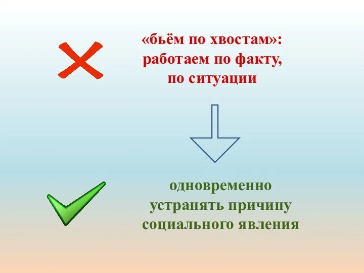 «бьём по хвостам»: работаем по факту, по ситуации одновременно устранять причину социального явления