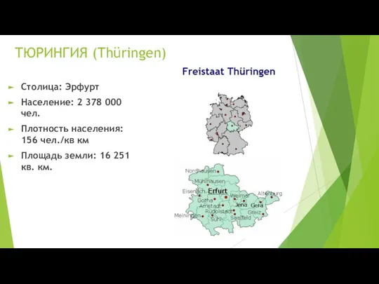 ТЮРИНГИЯ (Thüringen) Столица: Эрфурт Население: 2 378 000 чел. Плотность населения: