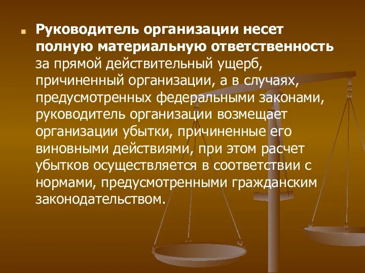 Руководитель организации несет полную материальную ответственность за прямой действительный ущерб, причиненный