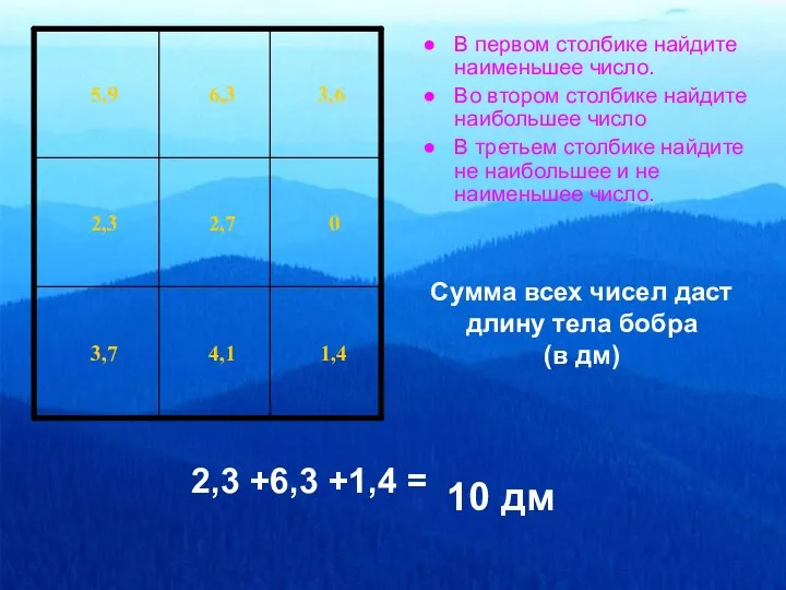 2,3 +6,3 +1,4 = В первом столбике найдите наименьшее число. Во