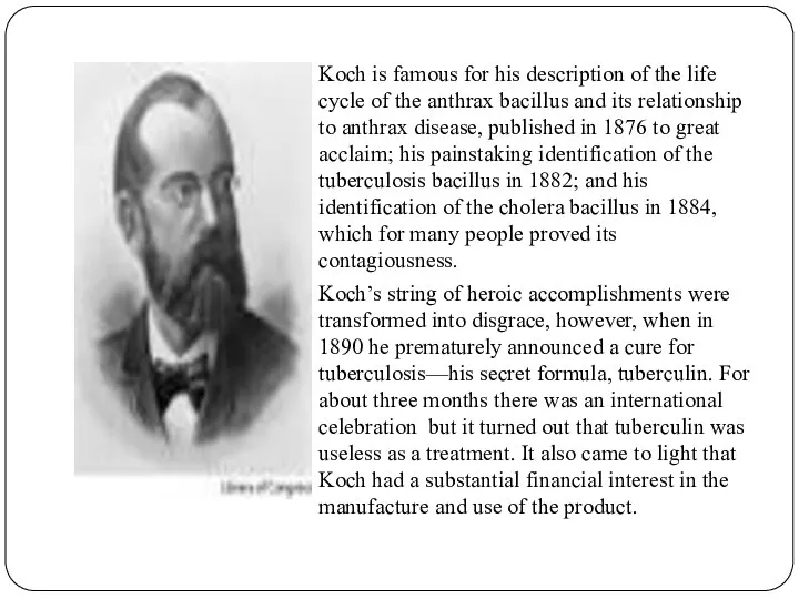 Koch is famous for his description of the life cycle of