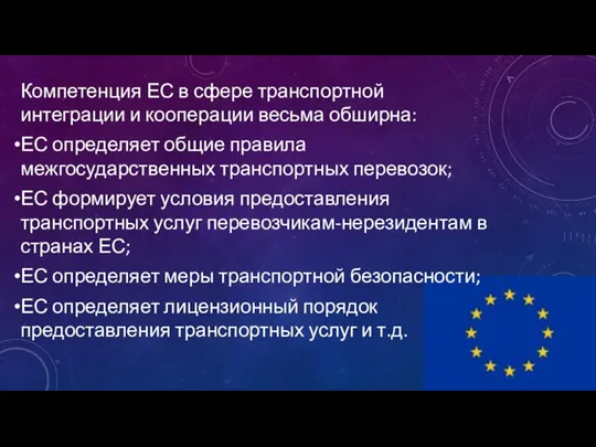 Компетенция ЕС в сфере транспортной интеграции и кооперации весьма обширна: ЕС