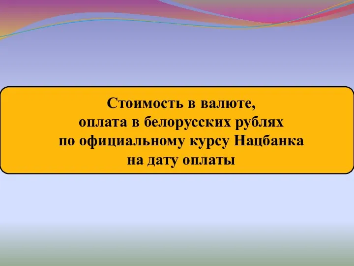 Стоимость в валюте, оплата в белорусских рублях по официальному курсу Нацбанка на дату оплаты