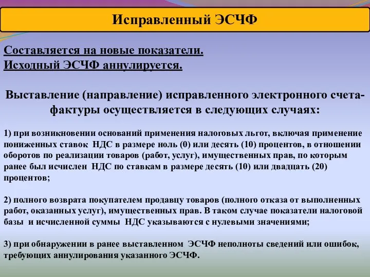 Исправленный ЭСЧФ Составляется на новые показатели. Исходный ЭСЧФ аннулируется. Выставление (направление)