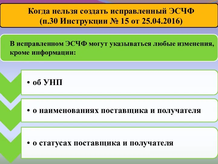 В исправленном ЭСЧФ могут указываться любые изменения, кроме информации: Когда нельзя