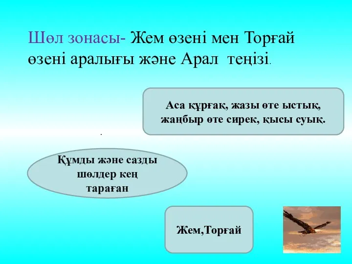 Шөл зонасы- Жем өзені мен Торғай өзені аралығы және Арал теңізі.