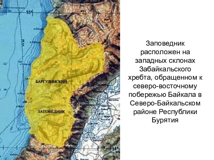 Заповедник расположен на западных склонах Забайкальского хребта, обращенном к северо-восточному побережью