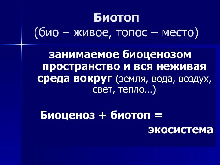 Биотоп (био – живое, топос – место) занимаемое биоценозом пространство и