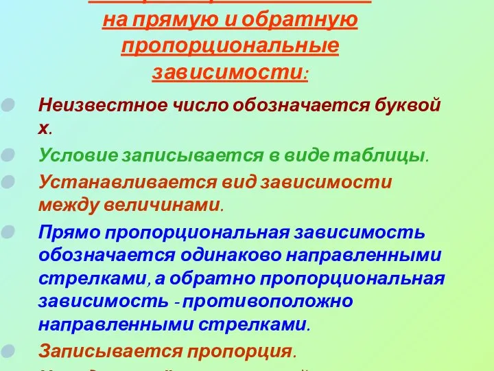 Алгоритм решения задач на прямую и обратную пропорциональные зависимости: Неизвестное число