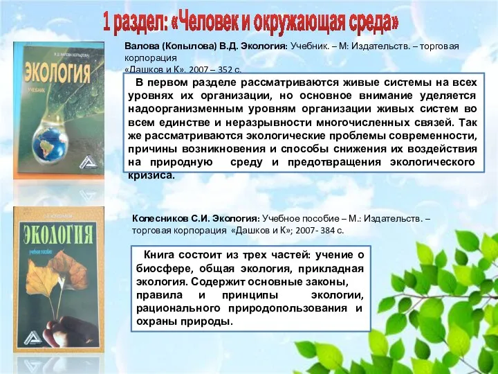 Валова (Копылова) В.Д. Экология: Учебник. – М: Издательств. – торговая корпорация