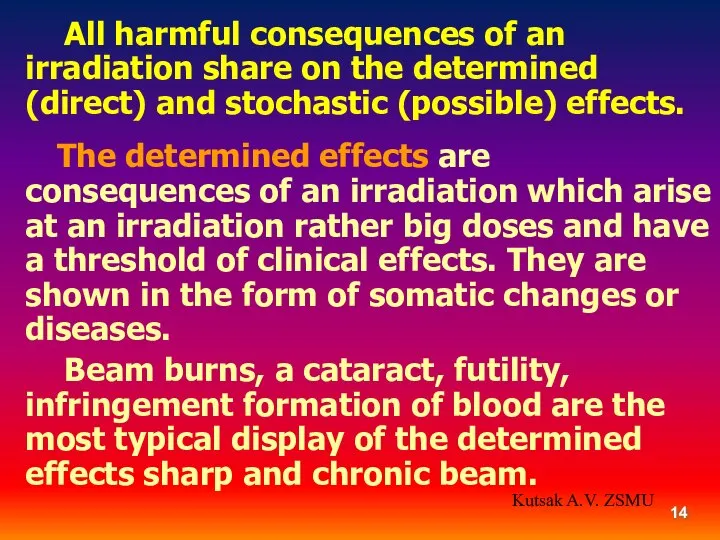All harmful consequences of an irradiation share on the determined (direct)