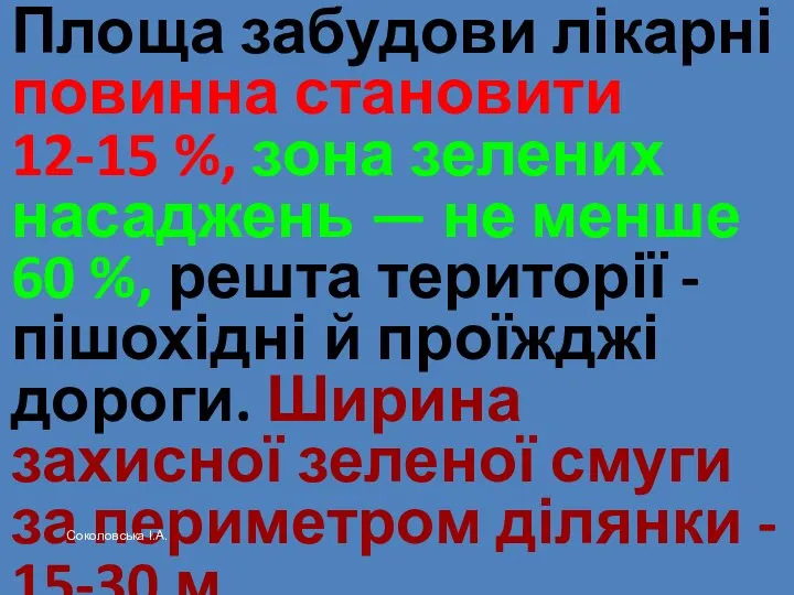 Площа забудови лікарні повинна становити 12-15 %, зона зелених насаджень —