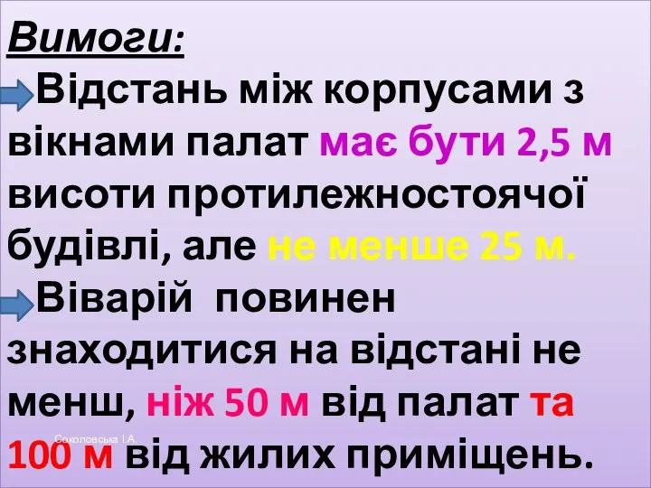 Вимоги: Відстань між корпусами з вікнами палат має бути 2,5 м