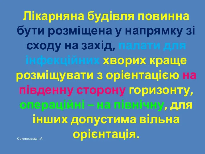 Лікарняна будівля повинна бути розміщена у напрямку зі сходу на захід,