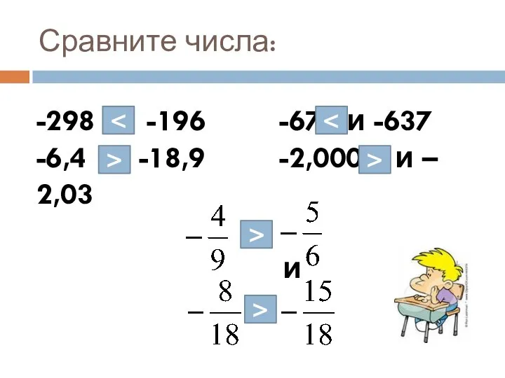 Сравните числа: -298 и -196 -673 и -637 -6,4 и -18,9