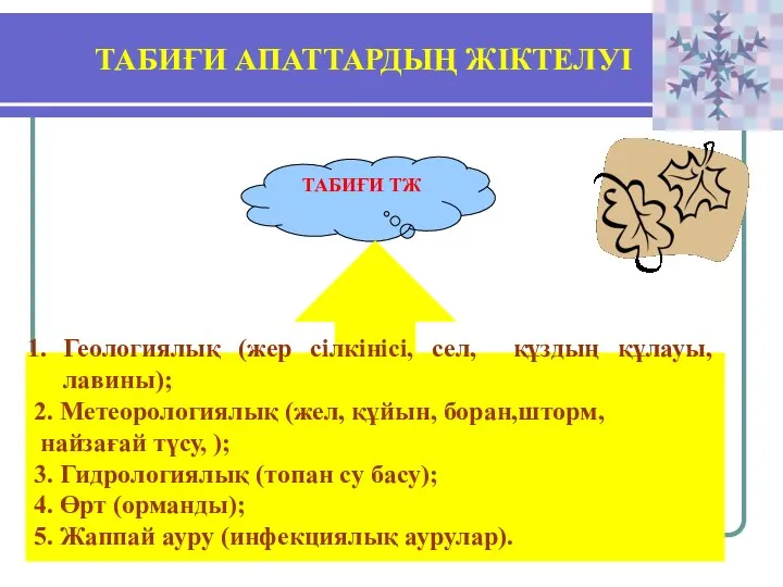 ТАБИҒИ АПАТТАРДЫҢ ЖІКТЕЛУІ ТАБИҒИ ТЖ Геологиялық (жер сілкінісі, сел, құздың құлауы,