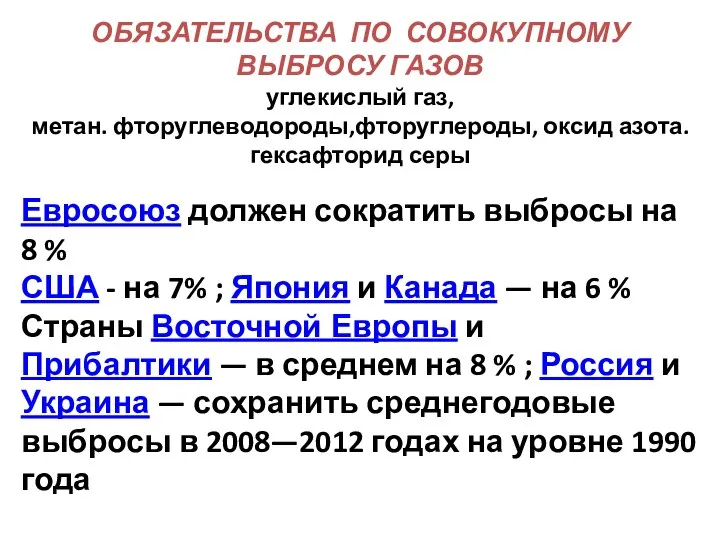 ОБЯЗАТЕЛЬСТВА ПО СОВОКУПНОМУ ВЫБРОСУ ГАЗОВ углекислый газ, метан. фторуглеводороды,фторуглероды, оксид азота.гексафторид