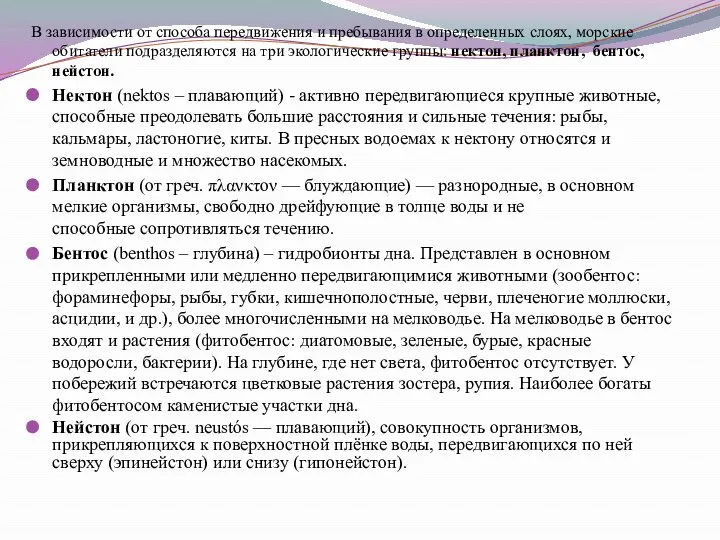 В зависимости от способа передвижения и пребывания в определенных слоях, морские