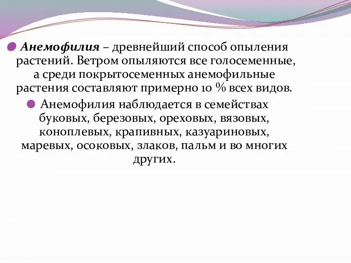 Анемофилия – древнейший способ опыления растений. Ветром опыляются все голосеменные, а