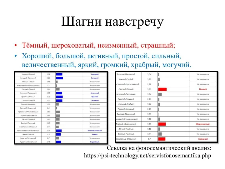 Шагни навстречу Тёмный, шероховатый, неизменный, страшный; Хороший, большой, активный, простой, сильный,