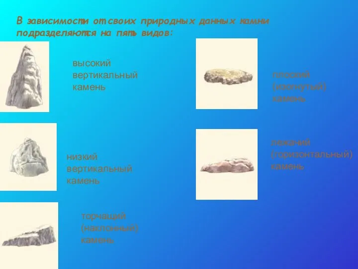 В зависимости от своих природных данных камни подразделяются на пять видов: