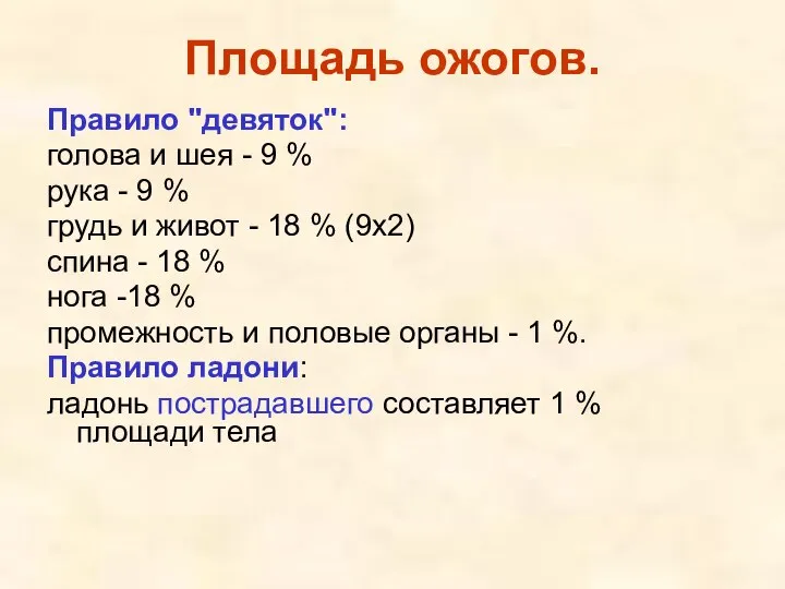 Площадь ожогов. Правило "девяток": голова и шея - 9 % рука