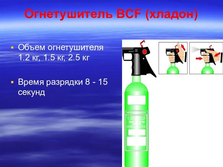 Огнетушитель BCF (хладон) Объем огнетушителя 1.2 кг, 1.5 кг, 2.5 кг