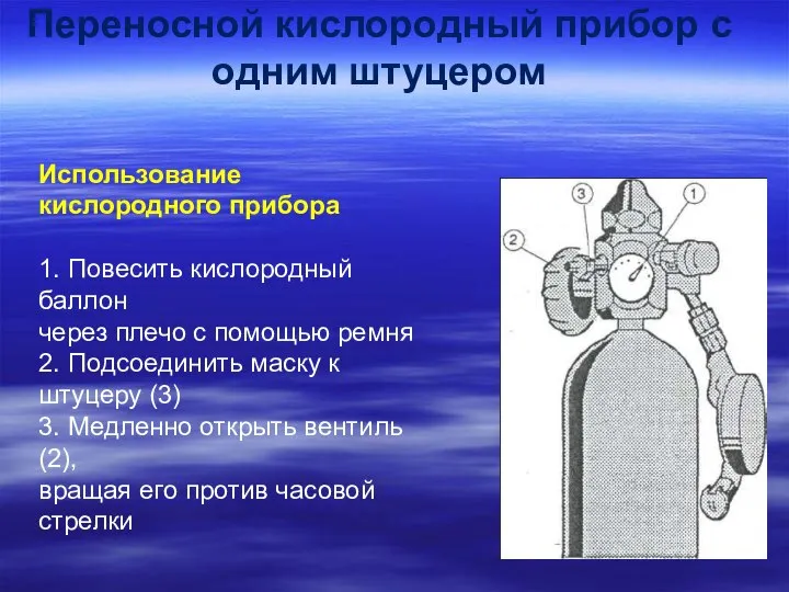 Переносной кислородный прибор с одним штуцером Использование кислородного прибора 1. Повесить