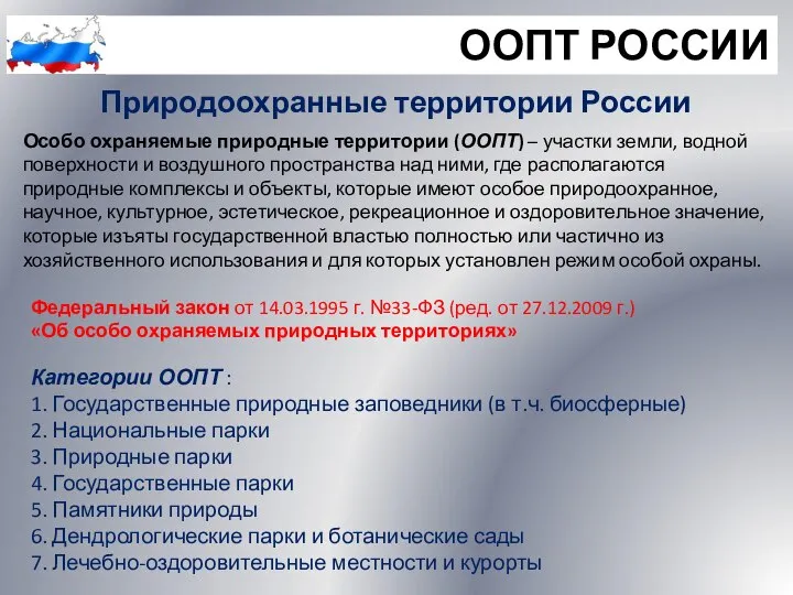 ООПТ РОССИИ Природоохранные территории России Особо охраняемые природные территории (ООПТ) –